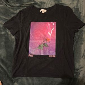 Black T-shirt with Rose on Fire Design | size: L